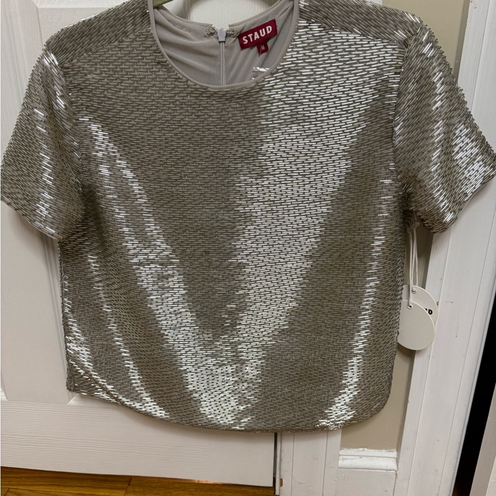 STAUD Hand-beaded Silver Short Sleeve Top